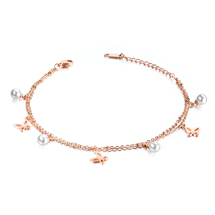 Stainless Steel Rose Gold Plated Charm Pearl And Butterfly Anklet for Women