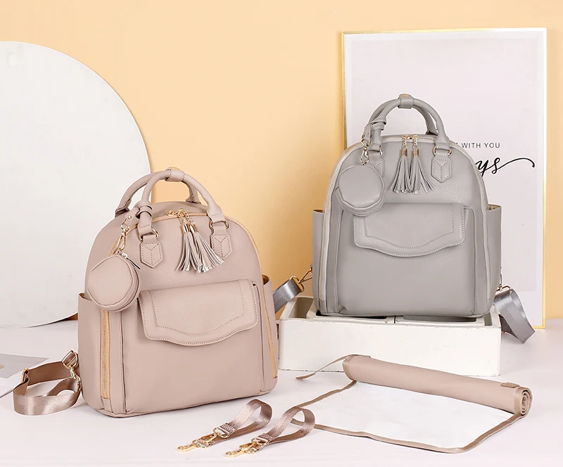 Faux leather top handle baby Travel diaper handbag, baby maternity nappy bag with changing pad and pracifier pouch