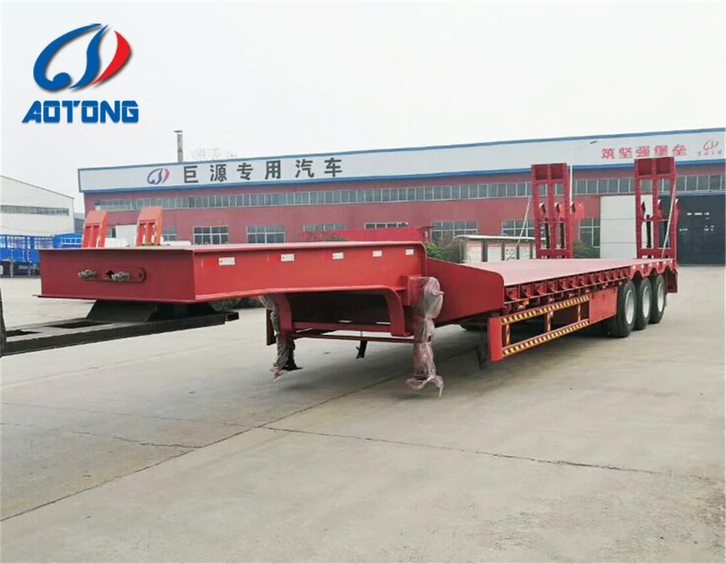 Direct selling 80tons tri-axle heavy objects transporter low bed semi trailer low flatbed truck trailers detachable gooseneck