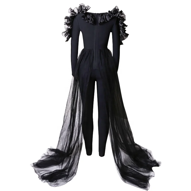 new design long sleeves Ruffled Plunge Spliced Tulle Jumpsuit Ball Gown dress bandage