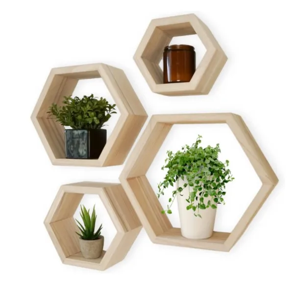 3-Pack Modern Vintage Hexagon Wall Decor Floating Shelves Iron & Rattan Decorative Storage Rack Set