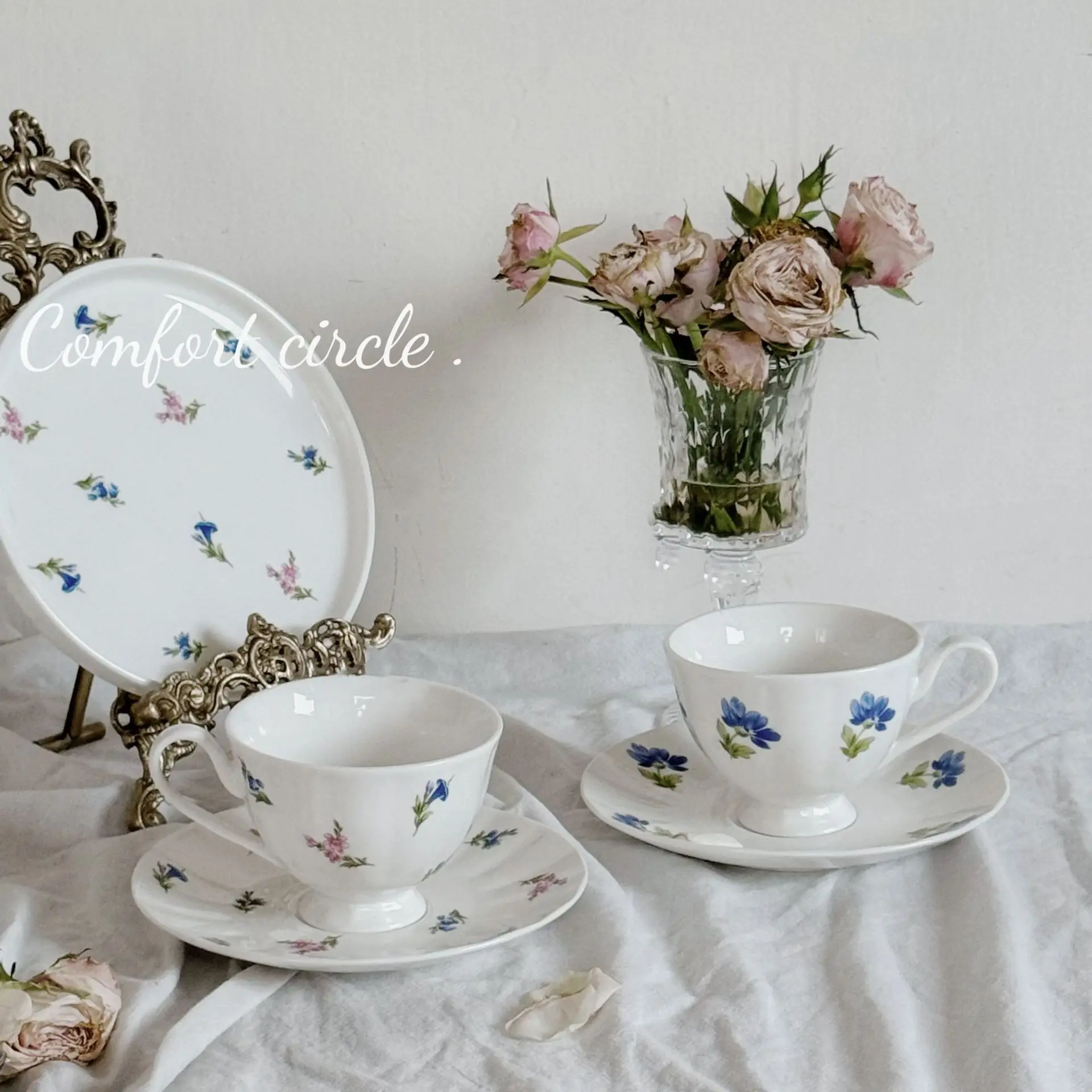 Lelyi Household high-value French retro small floral ceramic coffee cup and saucer