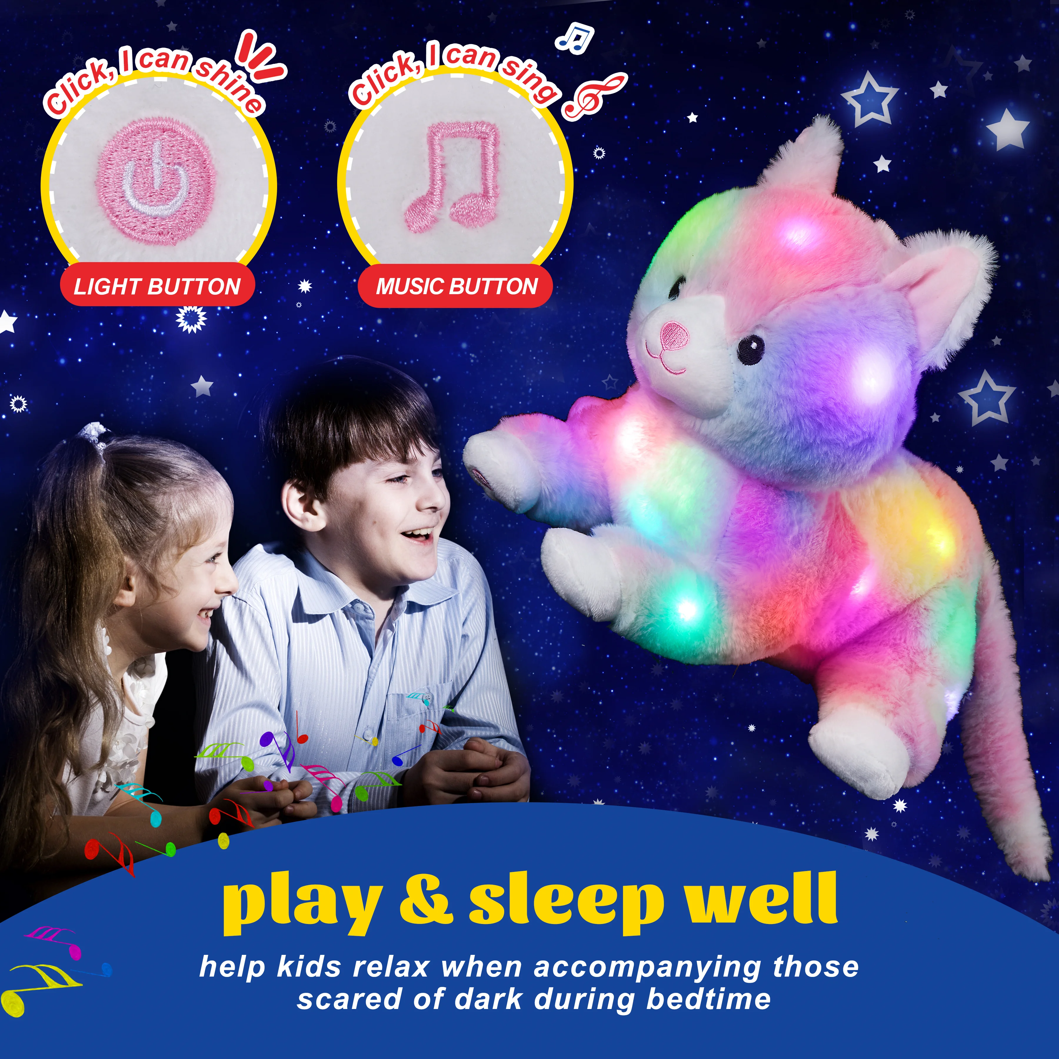 Glow Guards 13' Lying Light up Cat Plush Toy Rainbow Kitty Soft Stuffed Bed Night Light Birthday for Toddler Kids