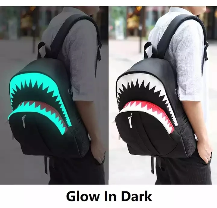 Polyester USB Charging Waterproof Luminous Bag School Back Pack Boys Shark Mouth Reflective Stylish Laptop Backpack