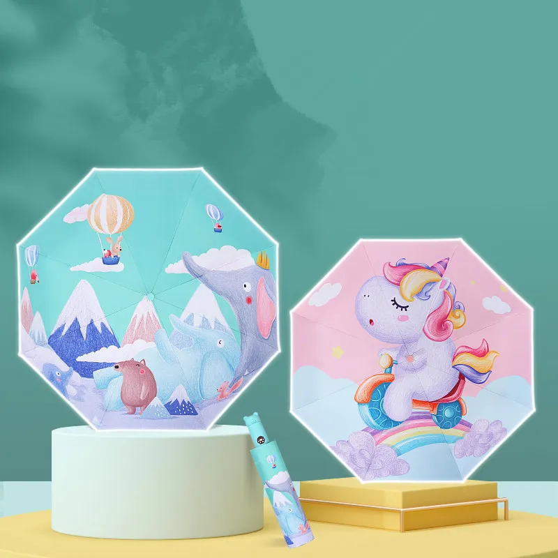 Автоматический детский зонт, черный милый мультяшный солнечный и дождливый зонт, детский рекламный зонт