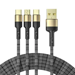 3 in 1 usb to type-c micro-usb 1.2m charger cable 66W fast charging braided gold-plated data cable