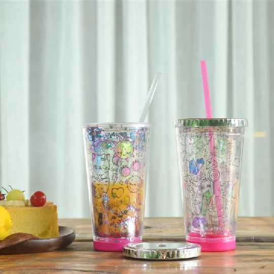 DIY Funny Customized Recycled Materials 16oz clear plastic water tumbler  with lids acrylic straw cup