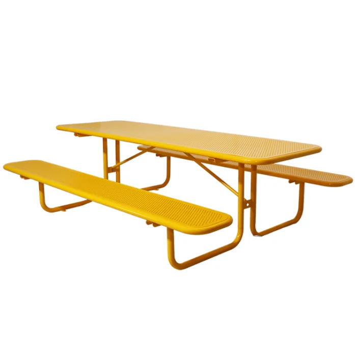 outdoor public commercial modern perforated steel picnic table with bench restaurant outside metal table and chair for event