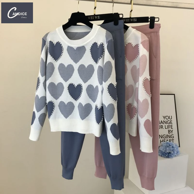 Candice high quality sweater hoodie and long pants suit elegant Beaded knit winter 2 piece sets for women
