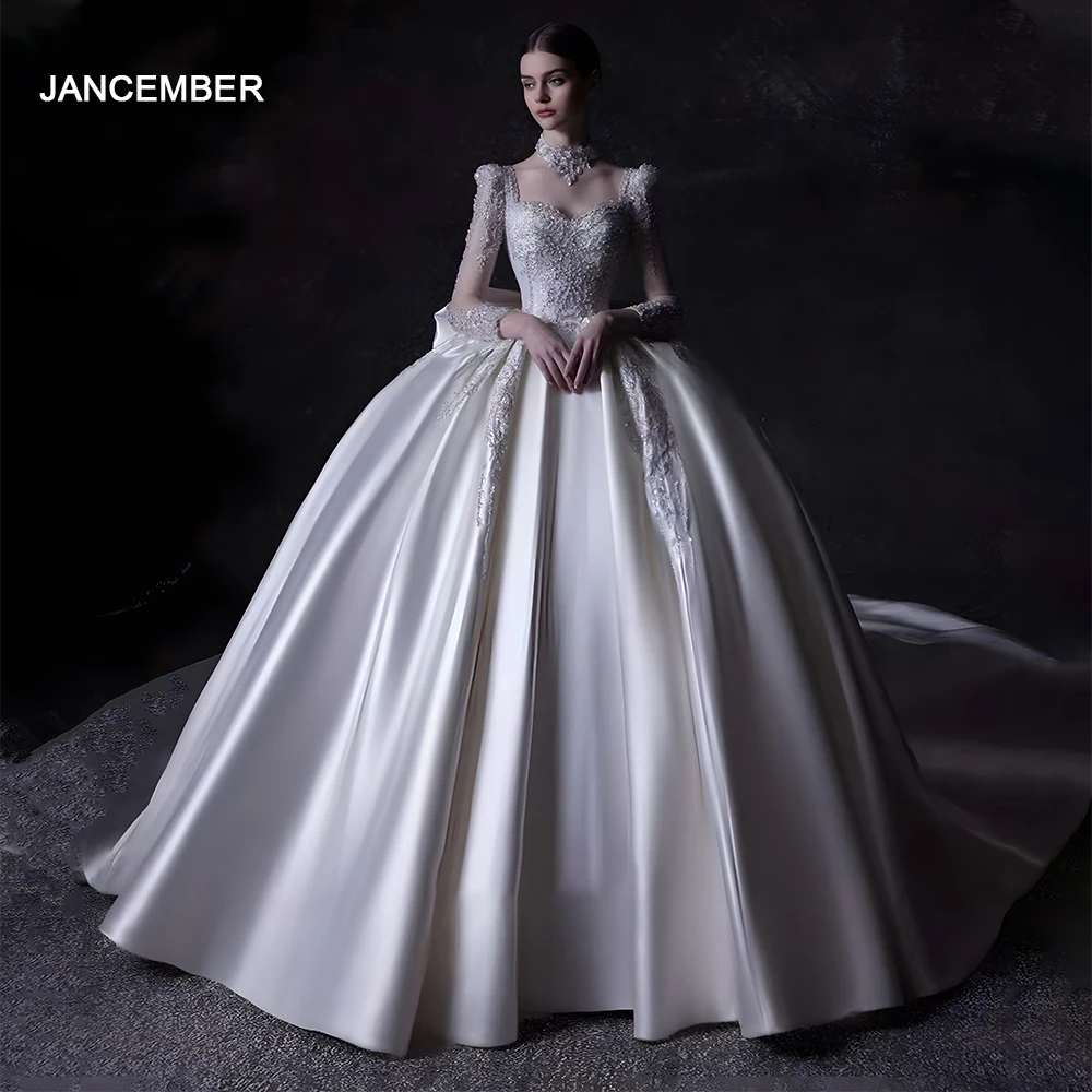 New Bride French Heavy Industry Satin Wedding Dresses Lace Long Sleeves Classic Customize Wedding Gowns Bride Dress LSHT004