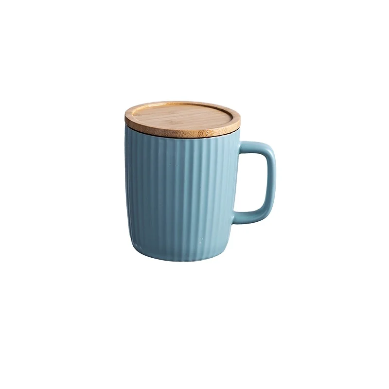 400ML Modern Simple Creative Nordic Solid Color Striped Wooden Lid Ceramic Mug