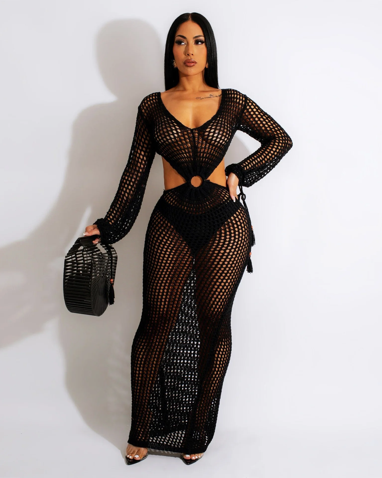 2023 New Long Sleeve Hollow Out Netting Party Dresses Women Solid Color Deep V Knitted Sexy Hot Women Dress