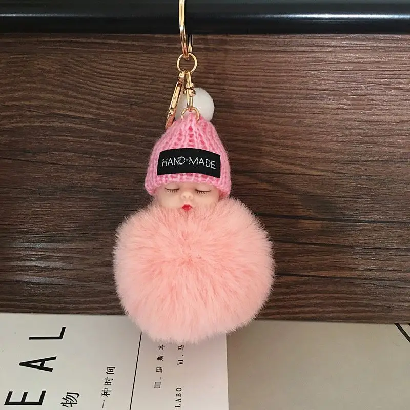 Cute Cartoon Sleeping Doll Keychain Fur Ball Plush KeyChain Keyring Women Handbag Car Key Holder Bag Pendant Toys for Kids Gift