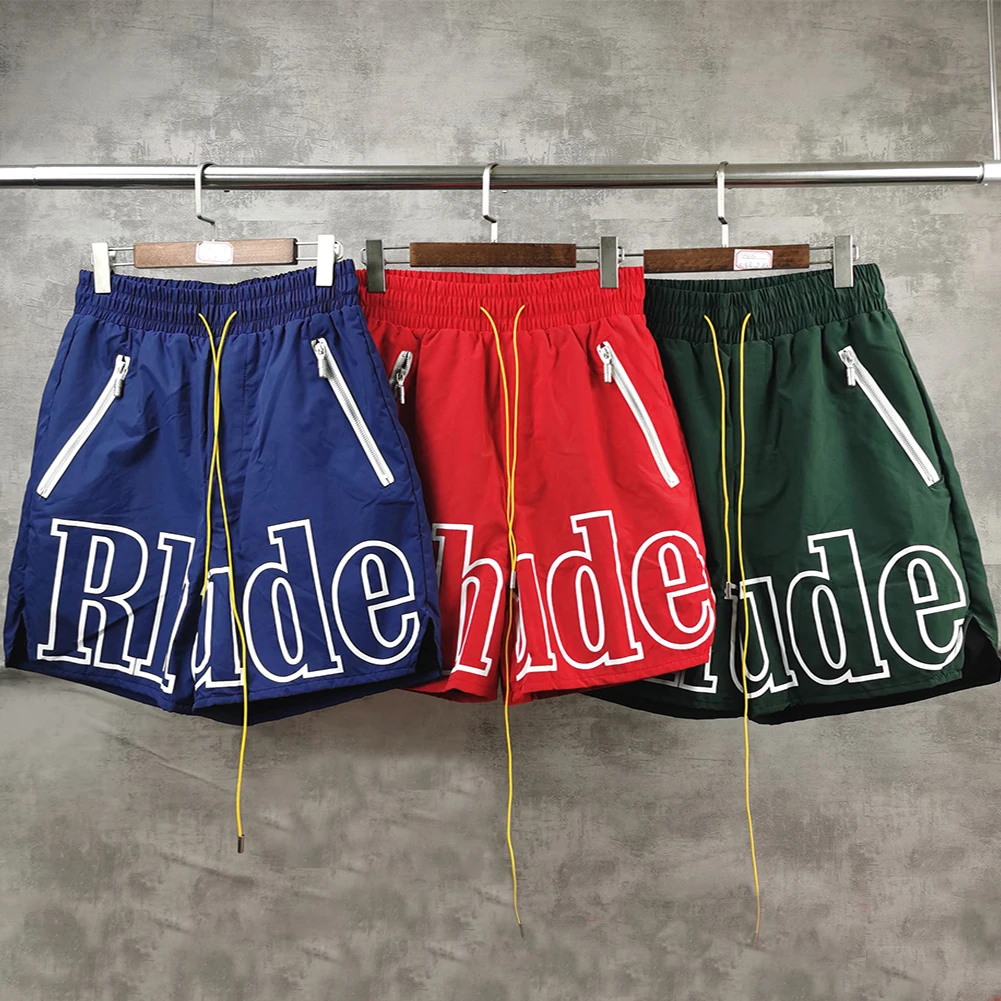 Летние Rhude шорты изготовленные на заказ серые 3м Reflective покрытием таблетки молнии Короткие штаны канат для перетягивания тренажерный зал, мужские спортивные штаны с эластичной резинкой на талии, детские джинсы, шорты