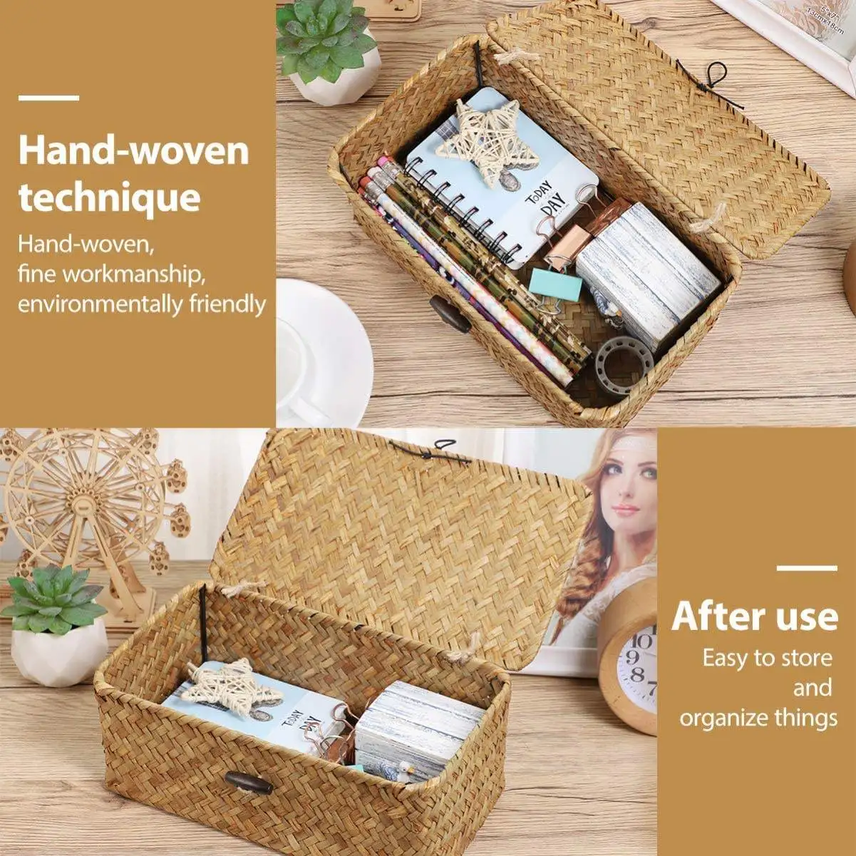 Wicker Basket Desktop Makeup Organizer Multipurpose Container Shelf Baskets with Lid Set of 3 Handwoven Seagrass Storage Box