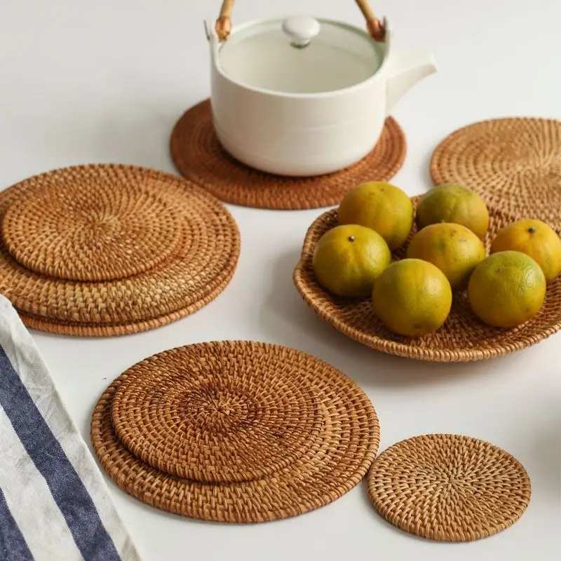 Round hand woven rattan coasters table mats, beverage coasters, bowls and plates kitchen utensils mat tea ceremony rattan pieces