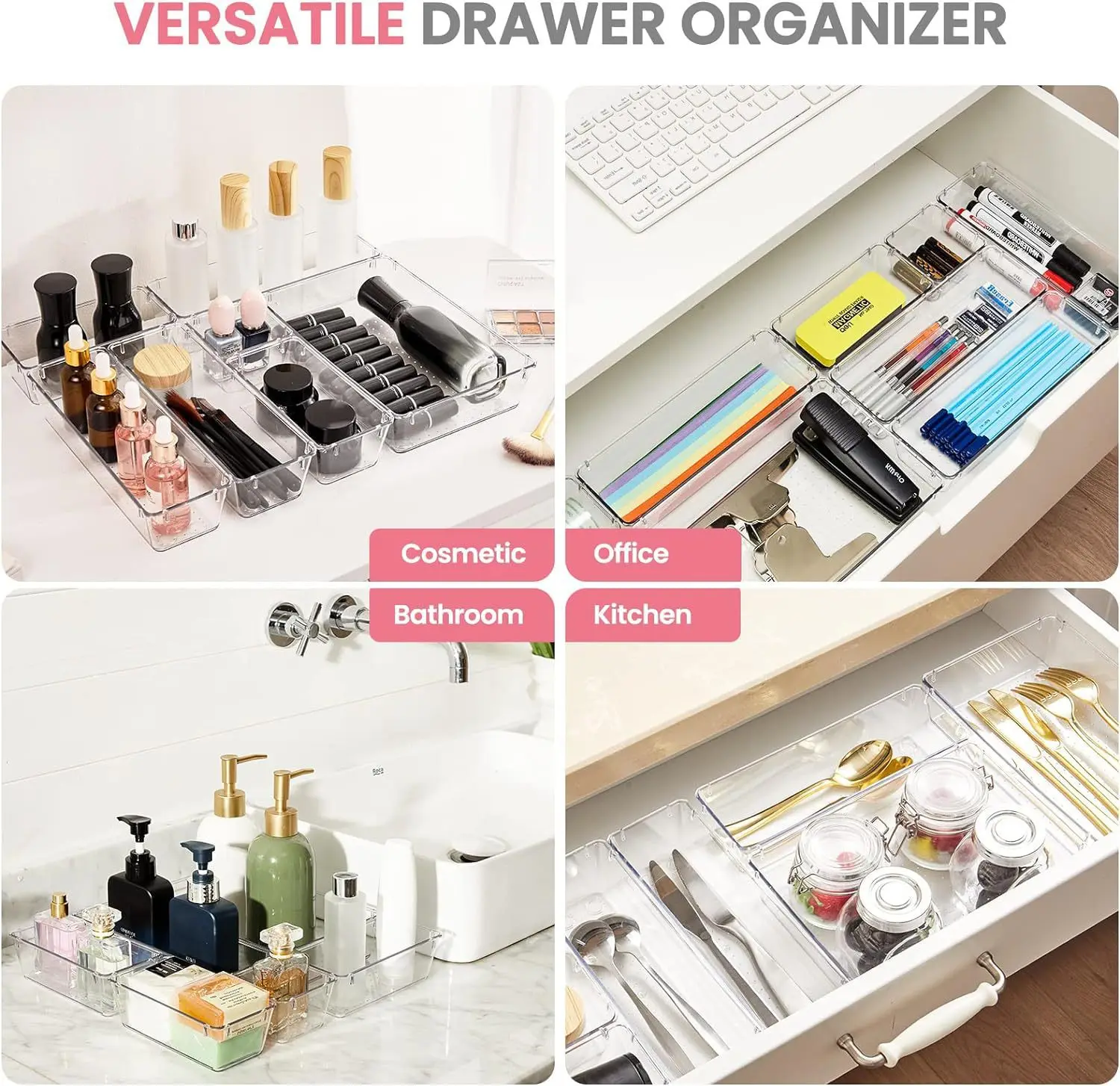25 Pcs Drawer Organizers Set Clear Plastic Desk Dividers Bins Bedroom Dresser Office Storage Box for Makeup Jewelries Gadgets