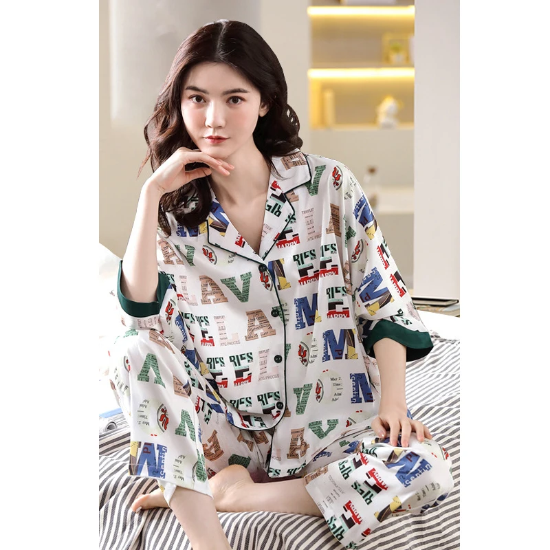 Senior Sense New Wholesale High Quality Spring Autumn Ice Silk Pajama Women Long Sleeve Home Wear Set for Woman Full Length
