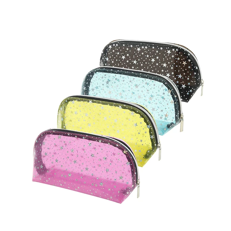 custom design multi color waterproof clear makeup glitter transparent big pvc travel zip handle cosmetic bag stand up bag