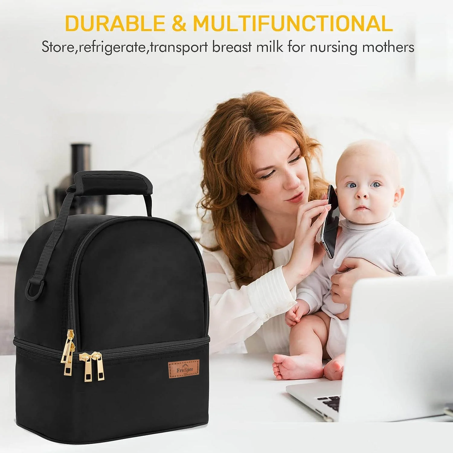 Breast milk Bottles Cooler Bag with Ice Pack Polyester Breast Pump Bag Fits 6 Bottles Up to 9 Ounce