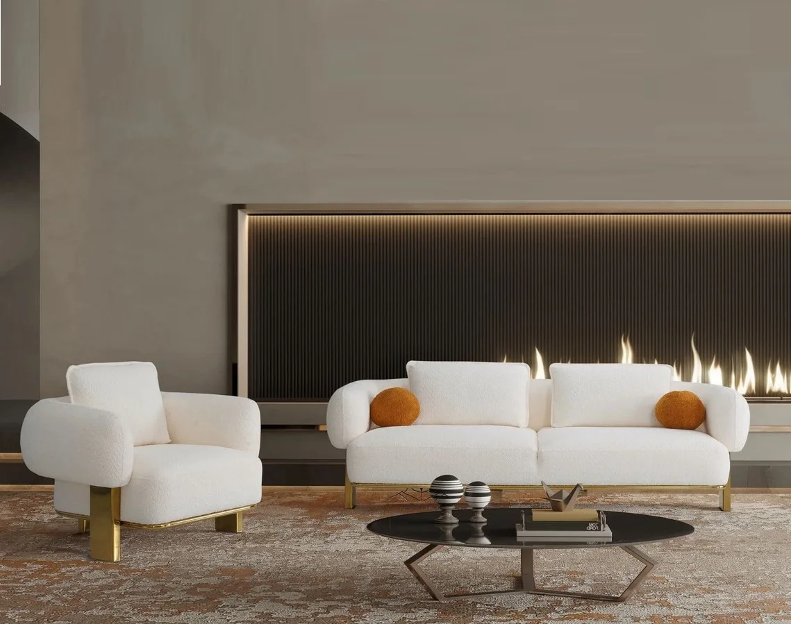 Modern Luxury Shiny Gold Stainless Frame White Velvet Love Seat Three Seat Sofa For Home Living Room Furniture Hotels Villa Use