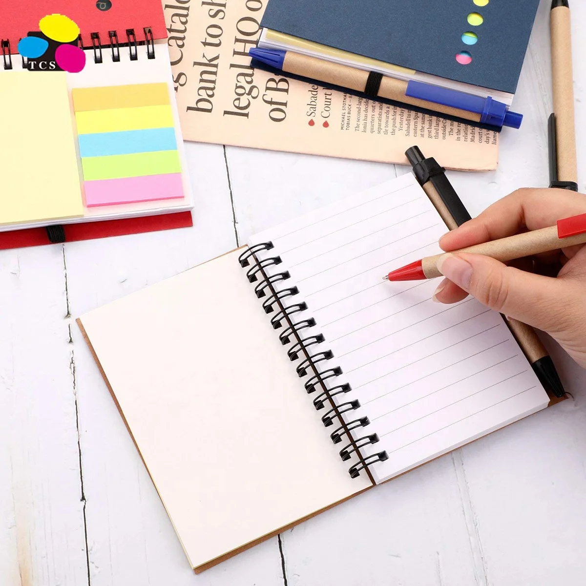 
Cheap price good quality 4 Pieces Kraft Paper Pocket Business Spiral Lined Notebook with Pen in Holder and Sticky Tabs 