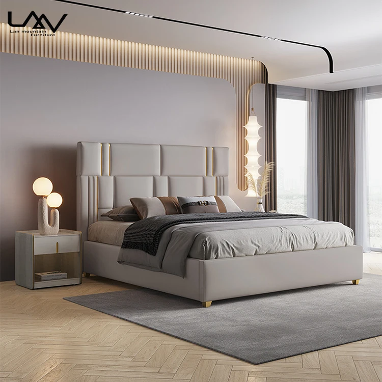 Italy design high back upholstered double bed villa bedroom luxury beige leather soft king size bed furniture