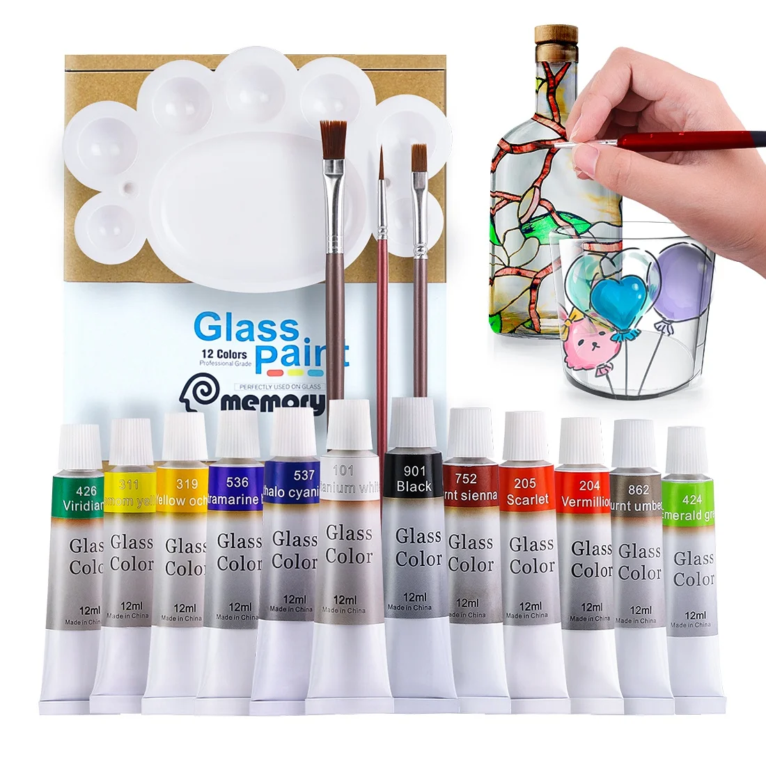 12 Color Acrylic Glass Paint Set Art Painting Pigments Kit with 3 Brushes & 1 Palette for Canvas & Paper Medium 24 Colors Memory