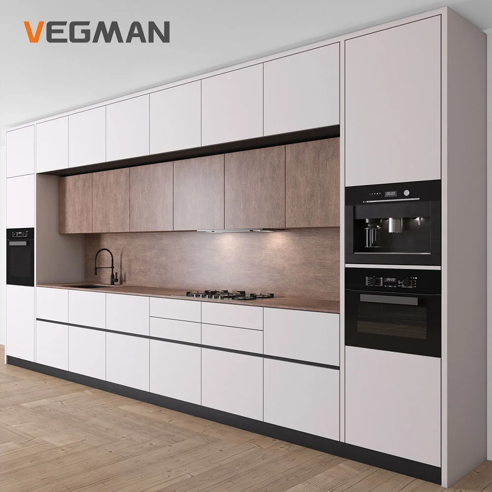 Contemporary Wood Veneer Lacquer Cabinet Model White and Wood Kitchen Furniture Cupboard