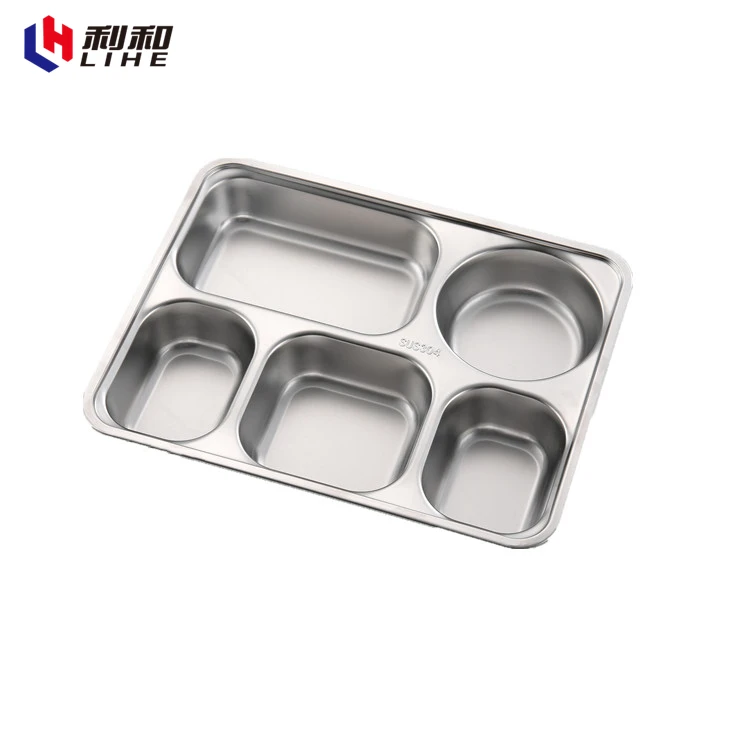 
5 Compartment Fast Food Stainless Steel Lunch Box Rectangular Divided Dinner Plate Snack Serving Set Tray With Lids 