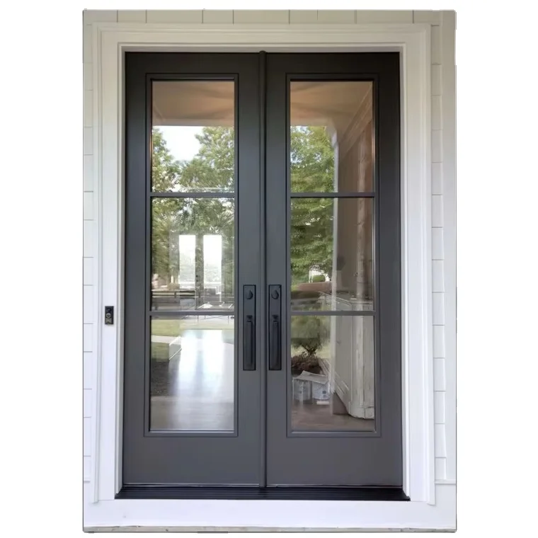 Hot Sale square Top Wrought Iron Steel Entrance Double Steel Door Metal Front Security Door for Villa Use