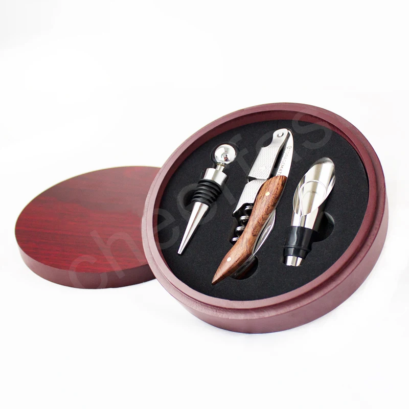 Персонализированный товар, штопор для бутылок с красным вином и инструмент для бара, набор из 3 предметов, деревянная коробка, набор аксессуаров для вина