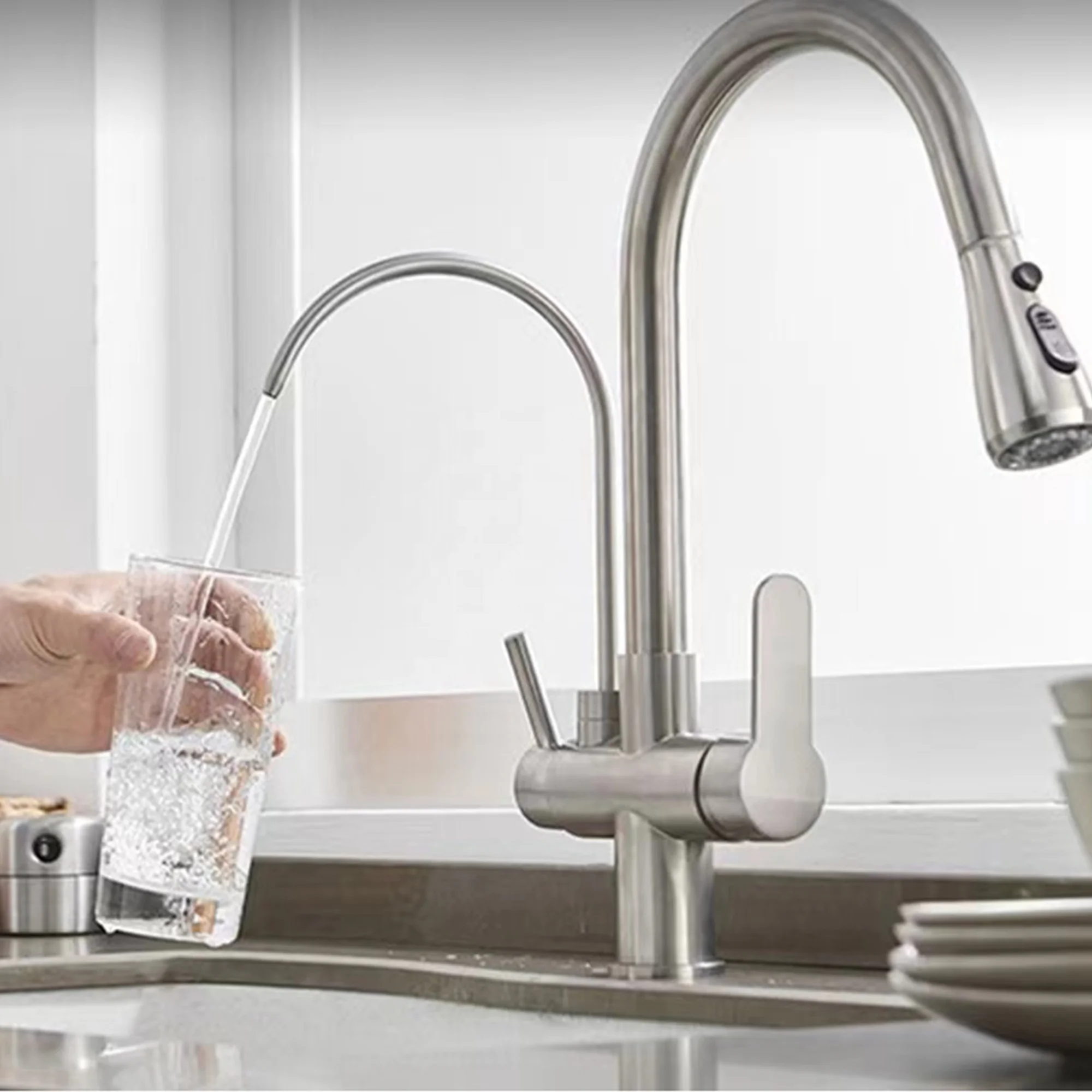 Pull Out Sink Faucet Filter Brass Double Handle Water Tap Modern Kitchen Taps Sprayer Kitchen Mixer Sink Faucets