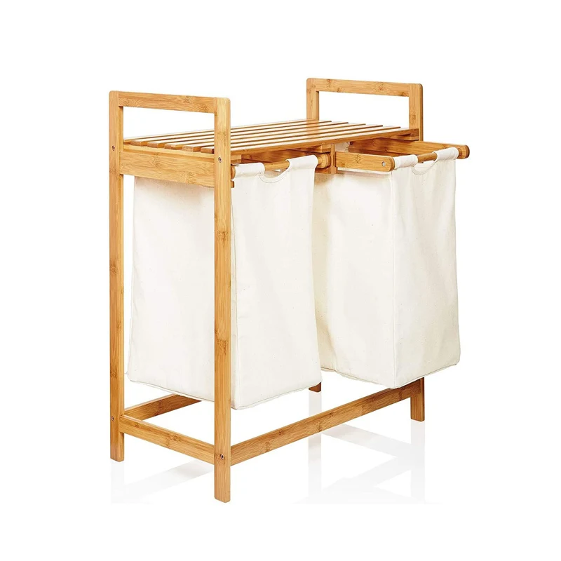 Portable Bamboo Laundry Hamper with Dual Compartments 2 section Laundry Basket with Removable Sliding Bags