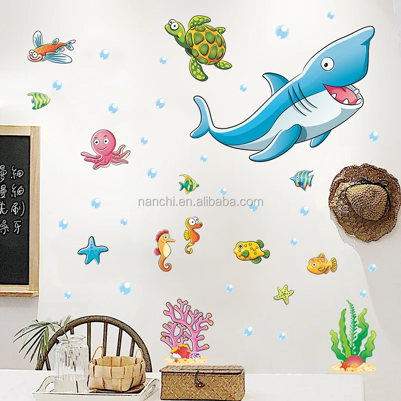 3D  Cartoon Shark wallpapers Underwater World stickers kindergarten kids wall mural kid room wallpaper murals decoration sticker