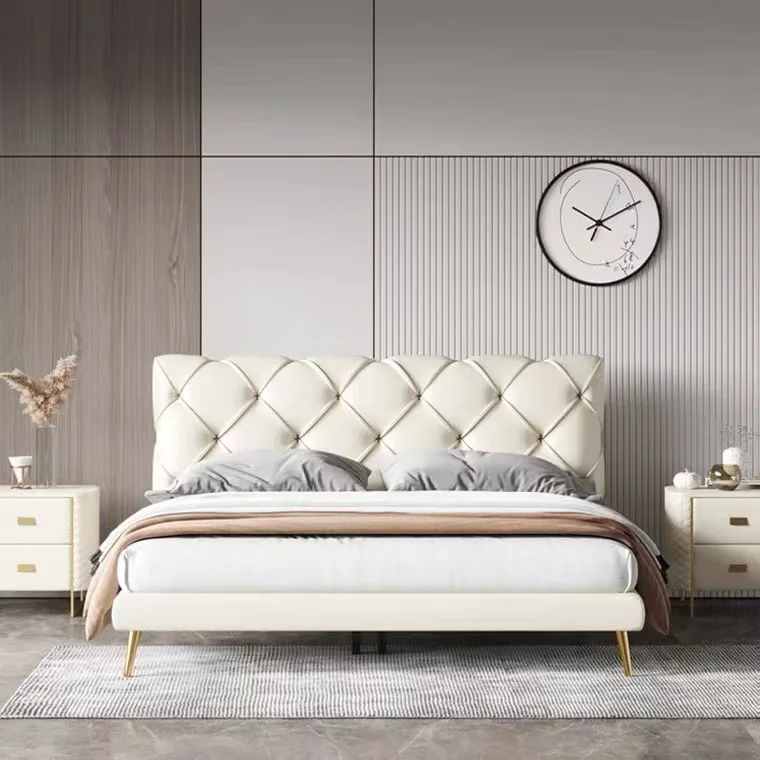 Creative Fashion Design Gold Metal Leg bed Upholstery Leather Double King Queen Full Size White Bedroom Wooden Frame Sofa Bed
