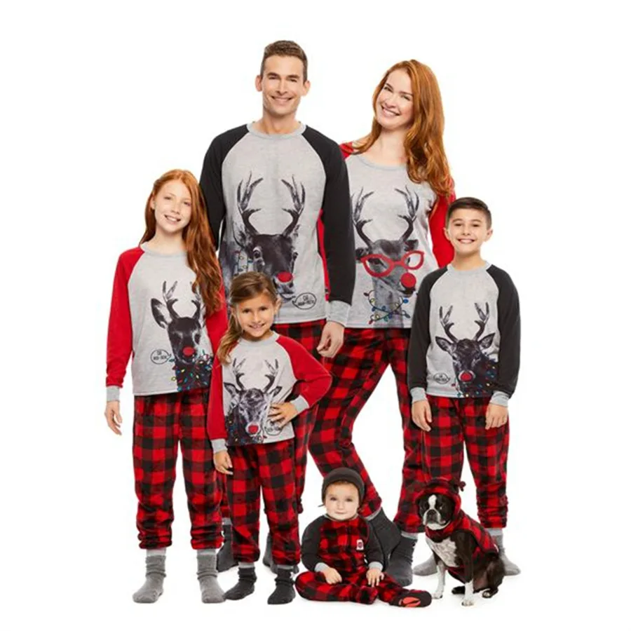 
New 2020 Winter Long Sleeve Round Neck elk Printed matching family christmas pajamas Plus Size 