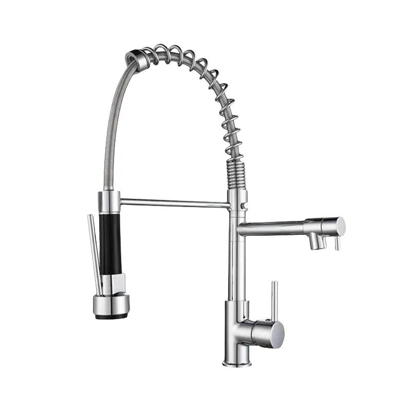 Modern 360 Adjustable Flexible Chrome Brass Dual Spout Spring Kitchen Sink Tap Single Lever Pull Down Sprayer Kitchen Faucet