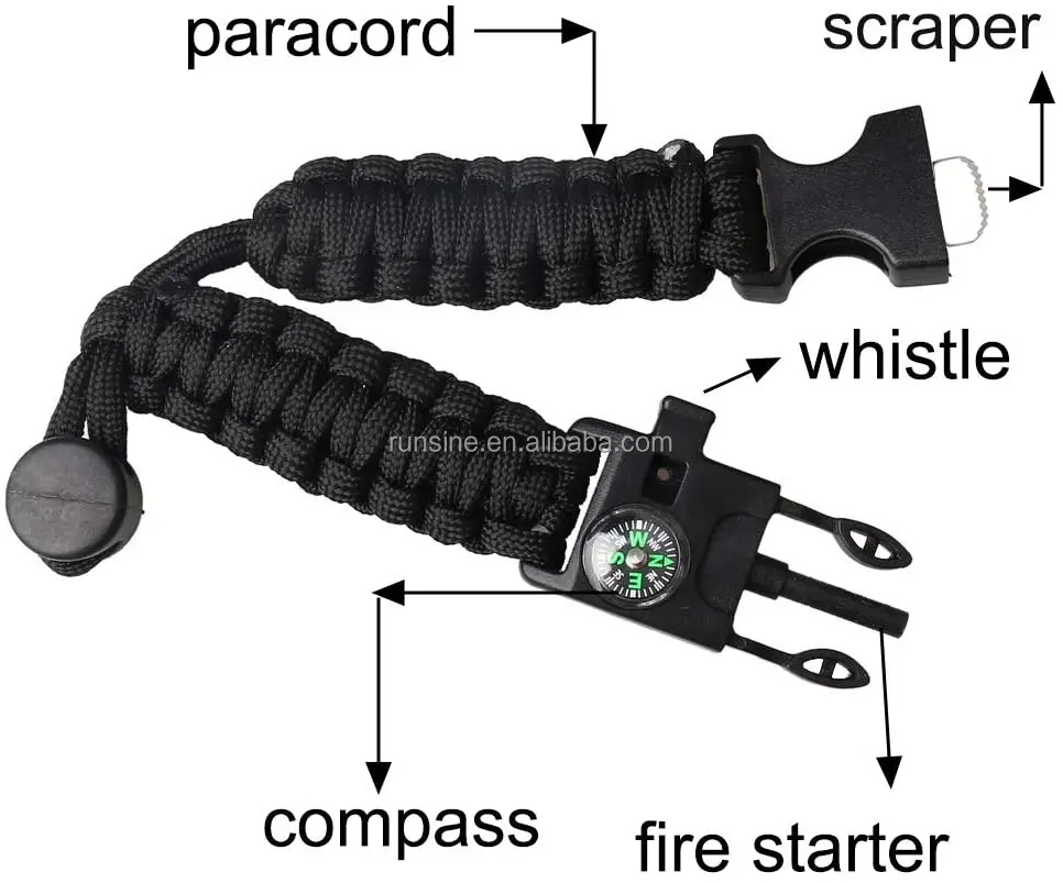 wholesale New outdoor custom nylon adjustable 5 In 1 tactical whistle fire starter 550 paracord survival bracelet flint clasp