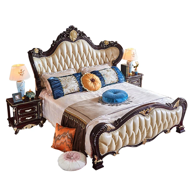 American bed solid wood leather double bed 1.8m European Master bedroom furniture luxury Princess Wedding bed