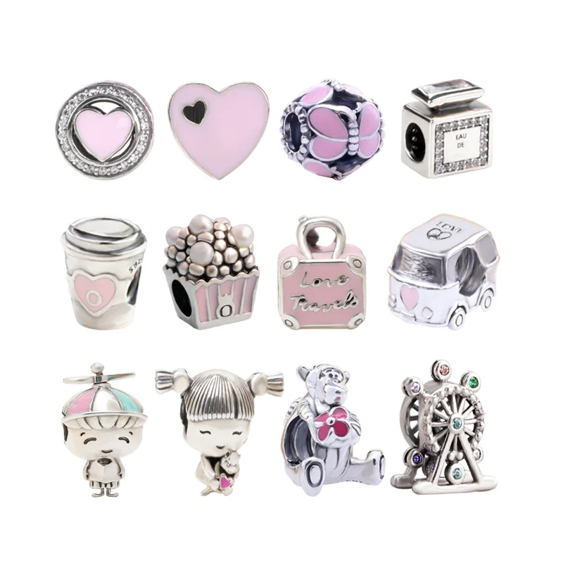 Wholesale S925 silver Pandoraer original Logo pink charm beads popcorn cute boy girl charms for bracelet jewelry making