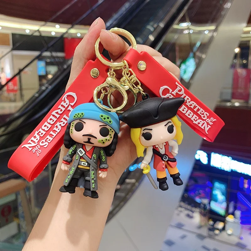 3D Cartoon Pirates Keychain Cute Style Jack Sparrow Big Head Silicone Metal Keyring Purse Wallet Wristlet Car Key Ring
