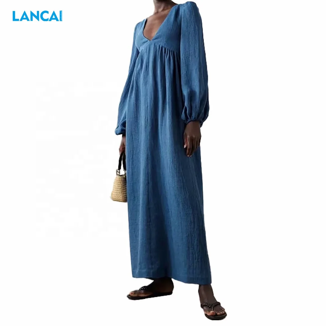 Custom Summer Clothing Elegant Vintage V-neck Maxi Ladies Long Sleeve Women Casual Dresses Linen Dress