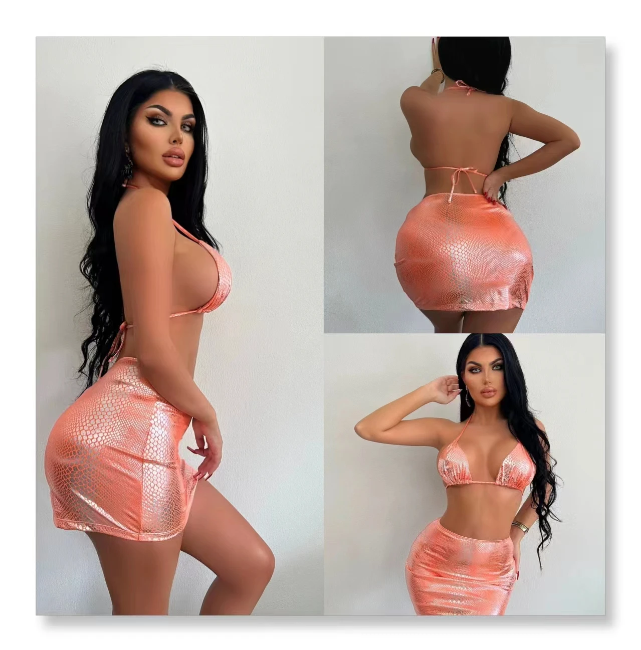 Metal Gloss Snake Skin Sexy Bikini Three Piece Setpush up Swimwear Hip Wrapped Short Skirt Women Halter Swimsuit beachwear
