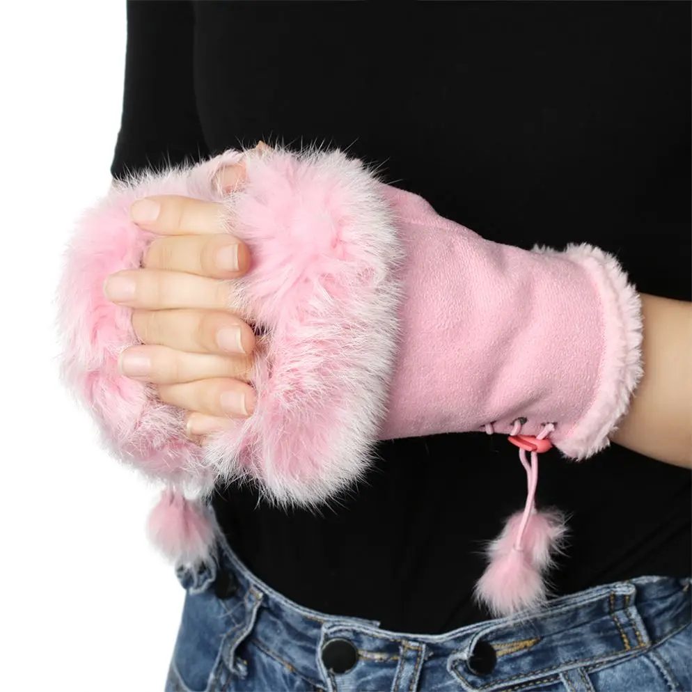 Fashion Faux Rabbit Hair Gloves for Women Girls Autumn Winter New Warm Fingerless Suede Mittens Soft Comfortable Stretch Gloves