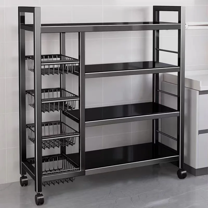 Multi-Layer Metal Kitchen Storage Rack with Wheels Thickened Fence from Floor to Floor for Household Microwave Oven Rack