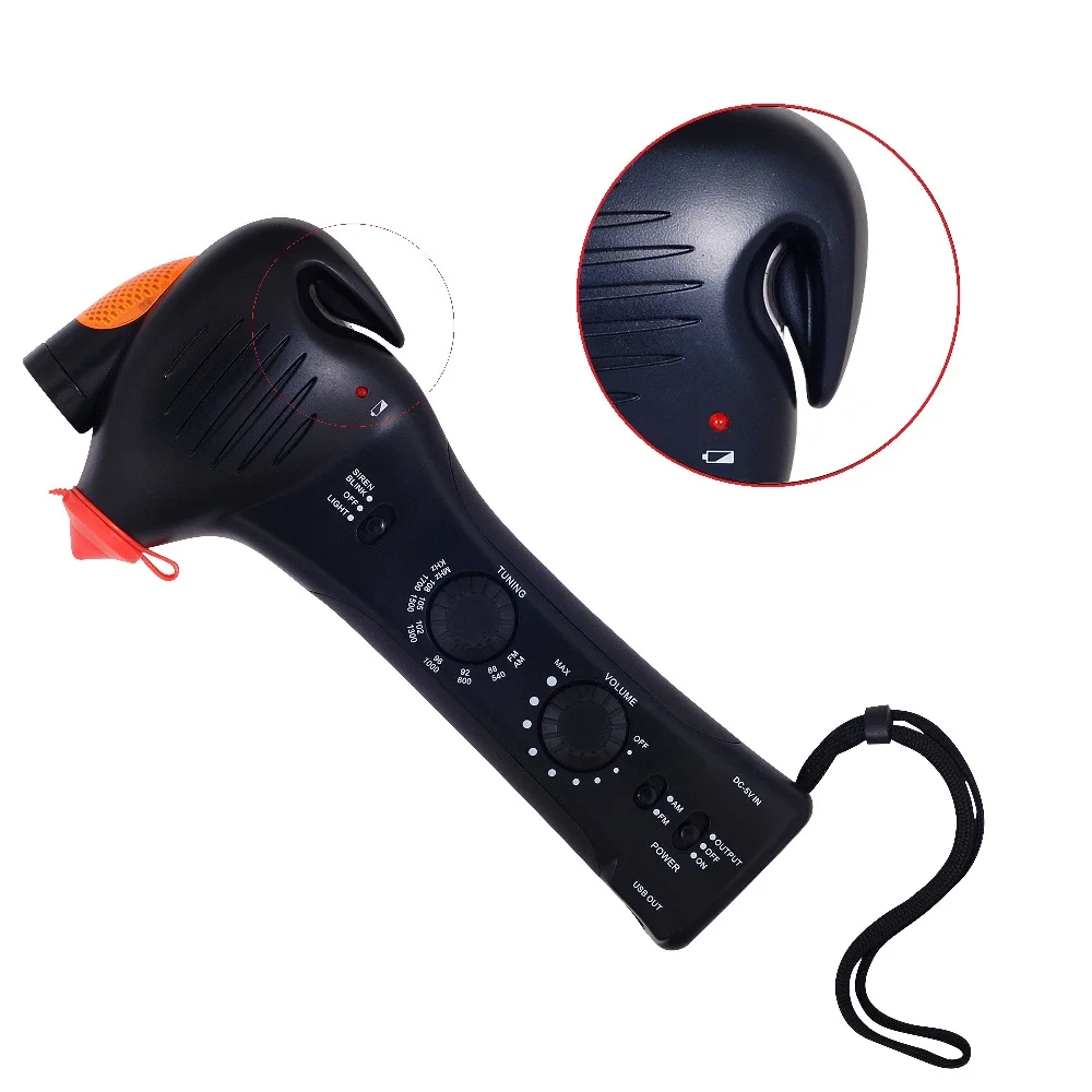 
Self-powered Car Emergency Tool with hammer and cutter AM/FM radio and burglar alarm and mobile phone charger 