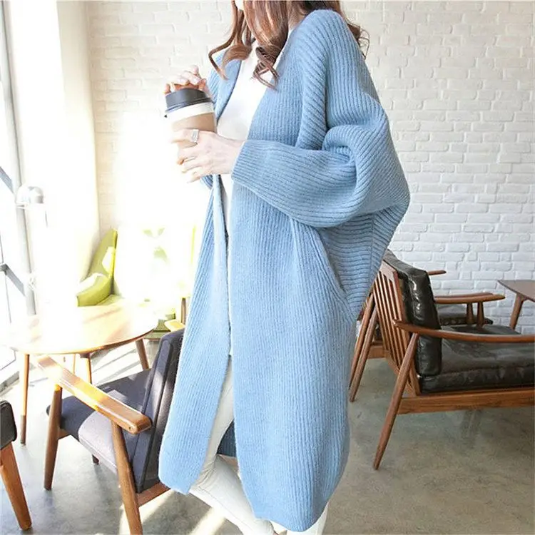 Wholesale Autumn Winter Korean Fashion Mide Cardigan Loose Knitted Batwing Sleeve Long Sweaters For Women
