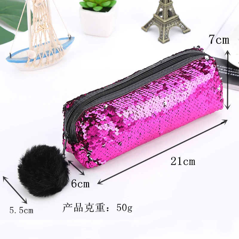 Glitter Cosmetic Bag Mermaid Spiral Reversible Sequin Students Pencil Case Girls Women Handbag Purse Make Up Pouch Pompon Zip