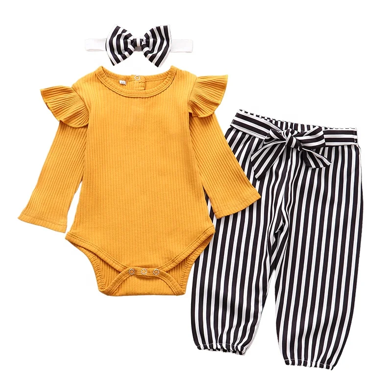 Oeko Ribbed Knitted Fabric Infant Lounge wear Autumn Toddler Bamboo Romper Baby Clothes Custom Baby Girl Set Clothes 2pcs